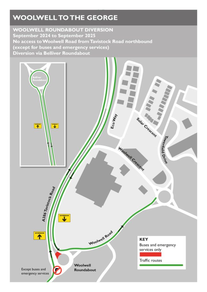 Map showing traffic diversion from September 24 to September 2025. No access to woolwell Road from Tavistock Road northbound (except for buses and emergency services), Diversion via Belliver (Plessey) Roundabout.