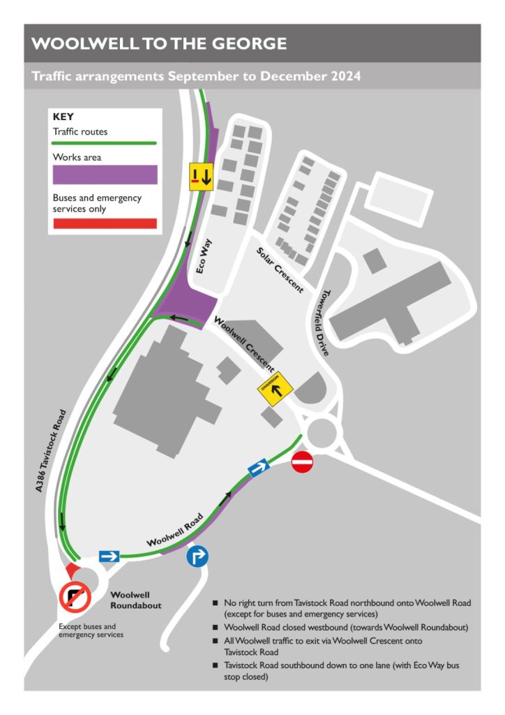 Map explaining traffic arrangements from September to December 2024. No right turn from Tavistock Road northbound onto Woolwell Road (except for buses and emergency services). Woolwell Road closed westbound (towards Woolwell Roundabout) All Woolwell traffic to exit via Woolwell Crescent onto Tavistock Road. Tavistock Road southbound down to one lane (with Eco Way bus stop closed)